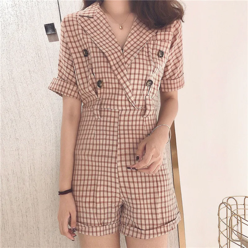 Женские летние модные клетчатые комбинезоны с коротким рукавом v образным