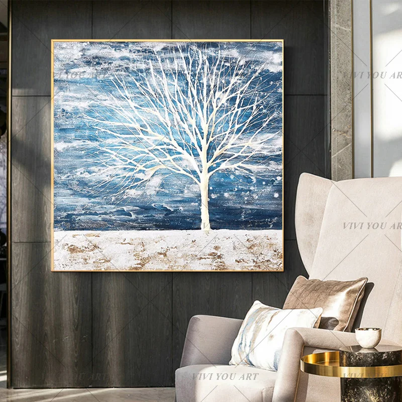 Большая Ручная роспись абстрактные белые синие цветы масляная живопись на