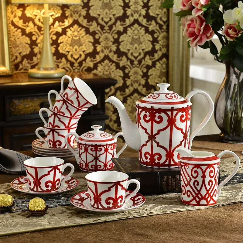 Juego de porcelana de caf&eacute; de lujo de 15 piezas, juego de taza de t&eacute; con cabezal de az&uacute;car de porcelana de hueso, regalo &uacute;nico de boda, utensilios de cocina, vajilla-3