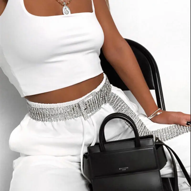 

New 2019 Women 10 Rows Rinestones Full Rhinestone Shiny Waistband Casual Party Dress Belt Chain