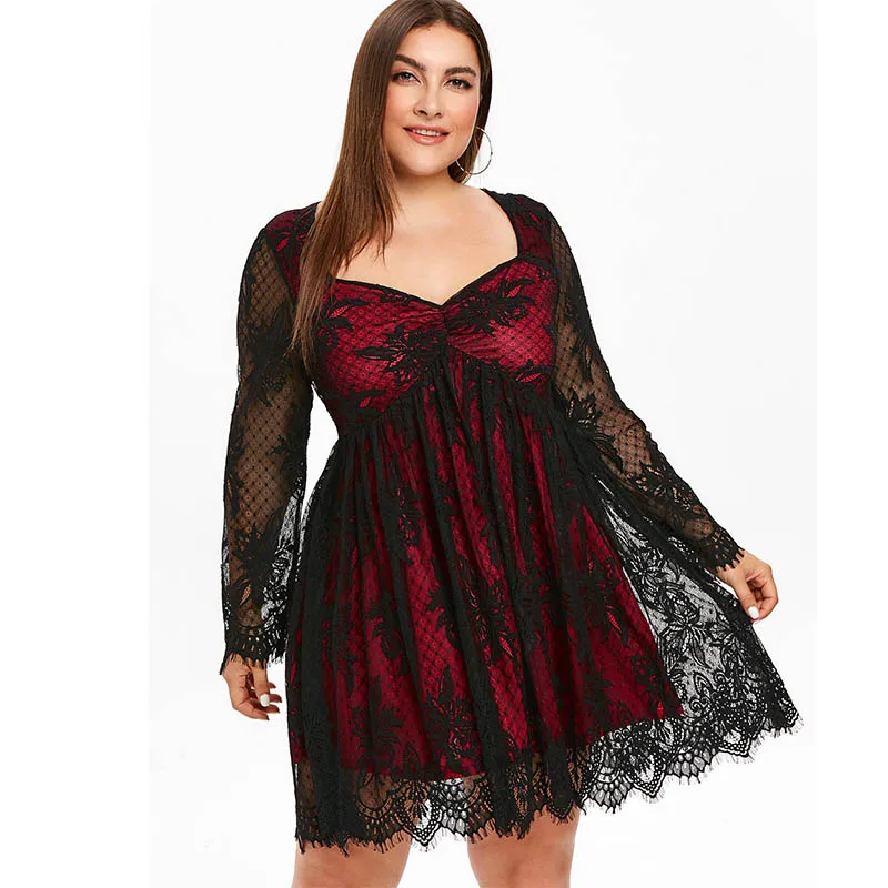 ROSEGAL большой размер для вечеринки Двухслойное кружевное платье с длинным рукавом