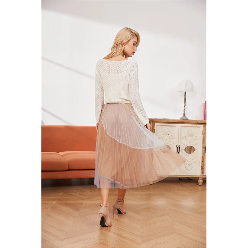 

Pleated Skirt Summer Female Casual Vintage Elastic Waist Elegant Mesh Midi Skirt Ladies Fashion Street Long Skirts for Women