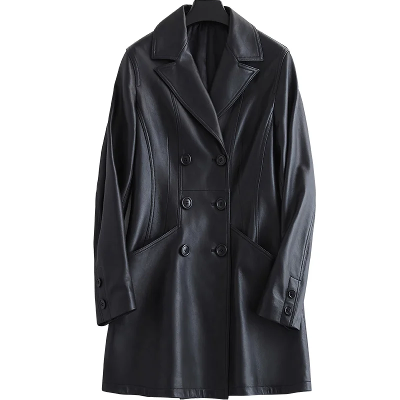 Lautaro Черный плащ из искусственной кожи для женщин с отворотом длинным рукавом