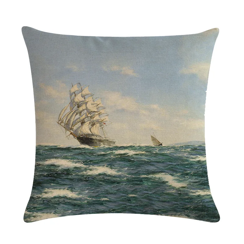 Парусная лодка на Подушка с видом моря Крышка Винтаж картина маслом Стиль Fauxlinen