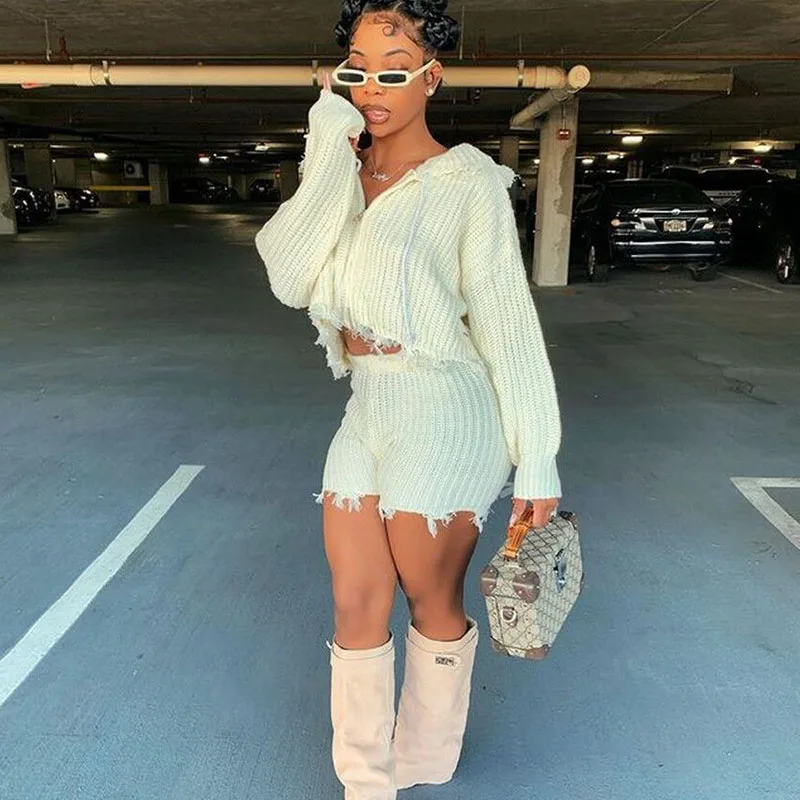 

Knitted Ripped Hoodies Crop Top and Shorts 2 Piece Set Women Autumn Winter Sweater Suits Club Wear 2 Piece Outfits Matching Sets
