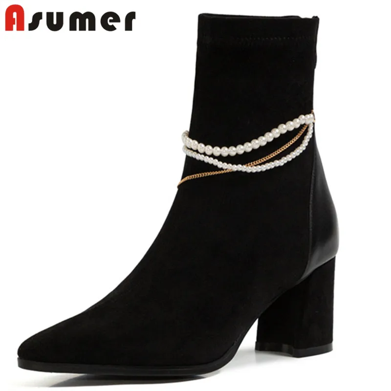 

Asumer 2021 new arrive ankle boots women autumn winter high heel casual party shoes pearl chain stretch flock ladies boots