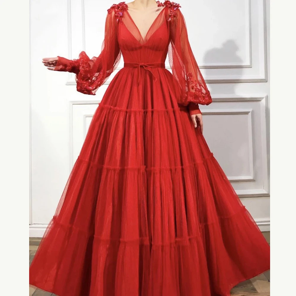 

Red Illusion Evening Gown Long Sleeve Flowers Dubai Kaftan Saudi Arabic Elegant Formal Dress Muslim Evening pageant Dresses 2021