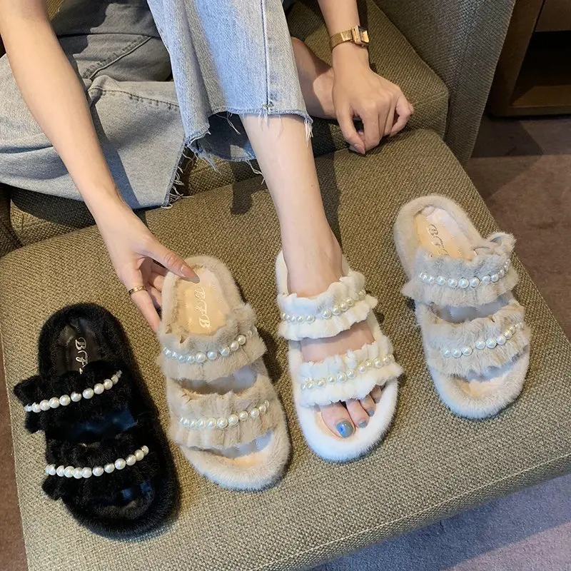 

Plush slippers women's 2020 spring and autumn new flat-bottomed slippers women's pearl decoration flat-heel sandals X476