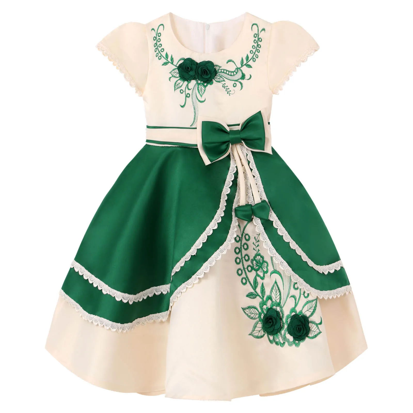 

Kids Girls Princess Dress Short Sleeves Floral Embroidered Bowknot Adorned Party Dress