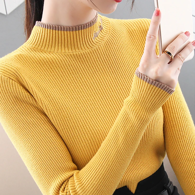 

Shintimes Female Knit Sweater Autumn Winter Fashion Slim Half Turtleneck Pullover Korean Embroidery Letter Women Jumper Elastic