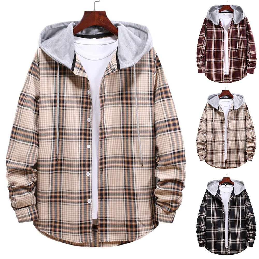 

Модные мужские клетчатые рубашки оверсайз с кулиской и капюшоном, рубашки с длинным рукавом, Лоскутная футболка с воротником, топы на пугов...