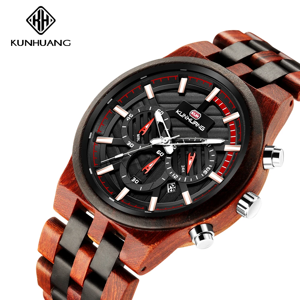 

Мужские наручные часы KUNHUANG, Кварцевые водонепроницаемые часы с деревянным ремешком, высокое качество, 2019