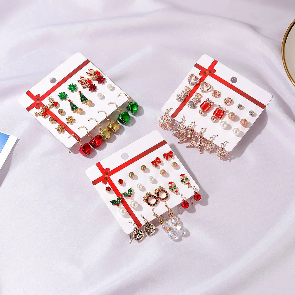 

New Christmas Gift Christmas Tree Earrings Snowman Deer Bell Ear Studs Party Jewelry 12 Pairs Set Combination