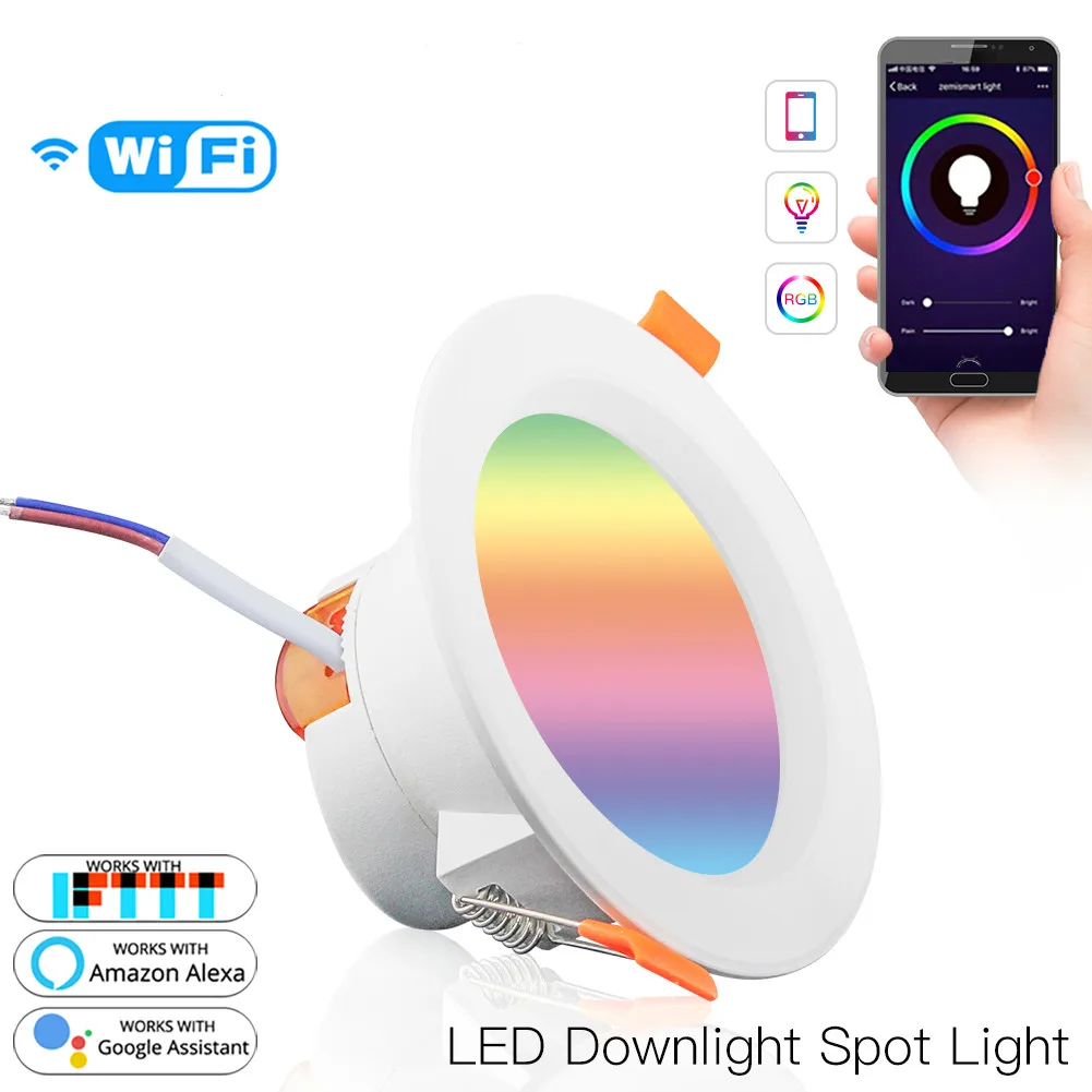 

WiFi Smart LED Downlight Dimming Round Spot Light 7W RGB Color Changing 2700K-6500K Warm Cool light Work with Alexa Google Home