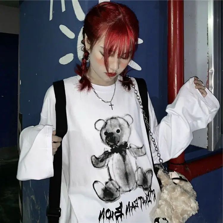 Футболка с длинными рукавами и чернильным принтом Ins Pikachu Корейская версия белая