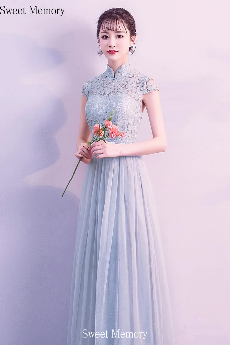 

Elegant Women Guest Grey Pink Long Bridesmaid Dresses Half Sleeve Champagne Wedding Gown Vestido