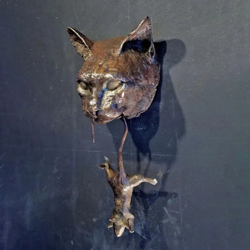 Alcachofa de puerta de gato y rat&oacute;n, adorno de resina de pared, repelente de plagas de hierro fundido marr&oacute;n oxidado, estatua de Metal para proteger las plantas, nuevo-3