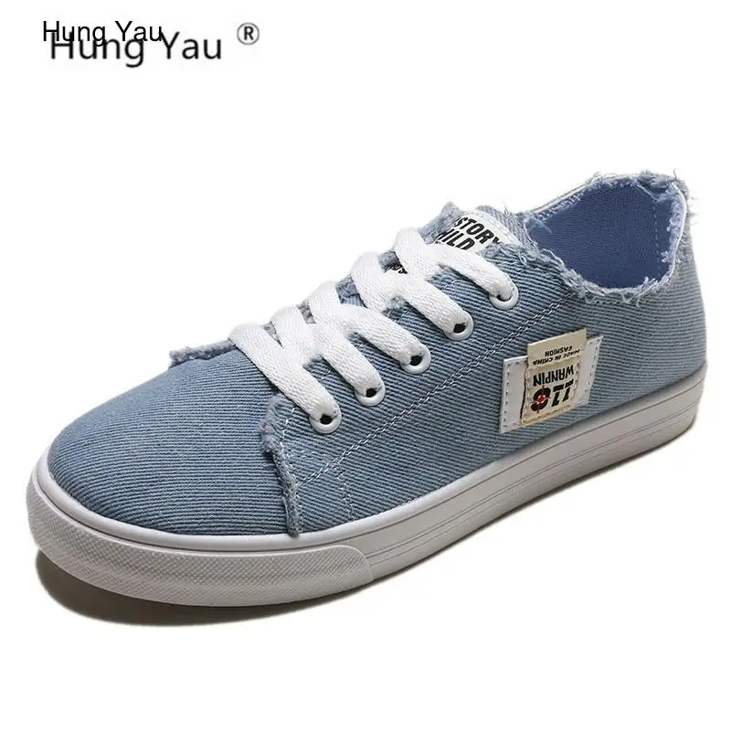 

Women's Vulcanize Shoes Denim Women Sneakers Canvas Blue Casual Shoes Female Summer Lace up Flats Platform Shoes Size 35-40