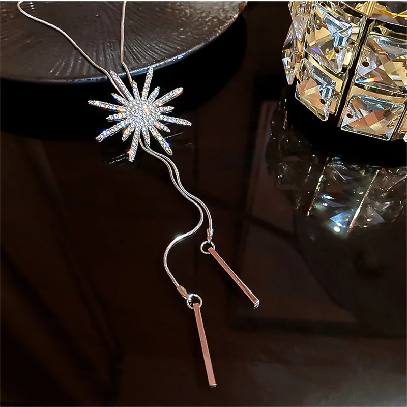 

FYUAN Sun Flower Crystal Pendant Necklaces for Women Long Tassel Sweater Chain Necklaces Jewelry Accessories