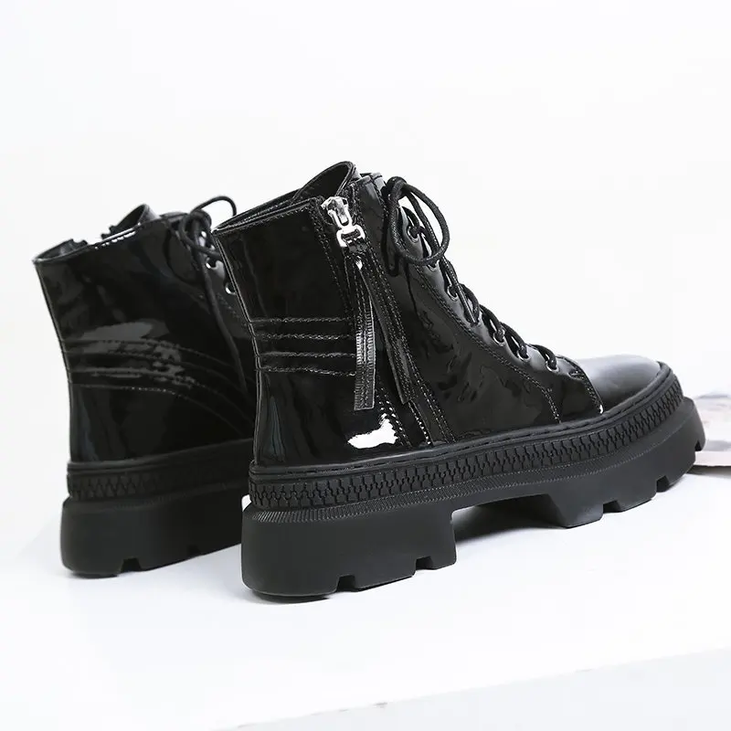 

Solid Black Leather Boots Lace up Ankle Boots for Women Shoes Woman Autumn Winter Thick Sole Platform Motorcycle Boots Plus Size
