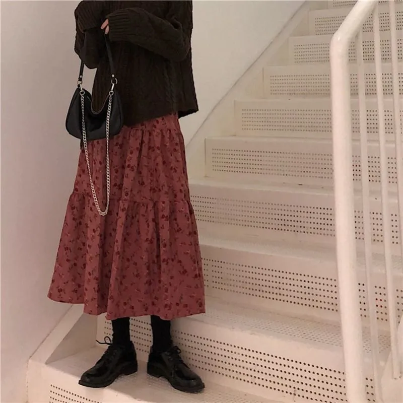 

Corduroy High Waist Winter Long Skirts A-line Women Flower Print Maxi Skirt Female Vintage pleated Skirt Cute Girls Streetwear