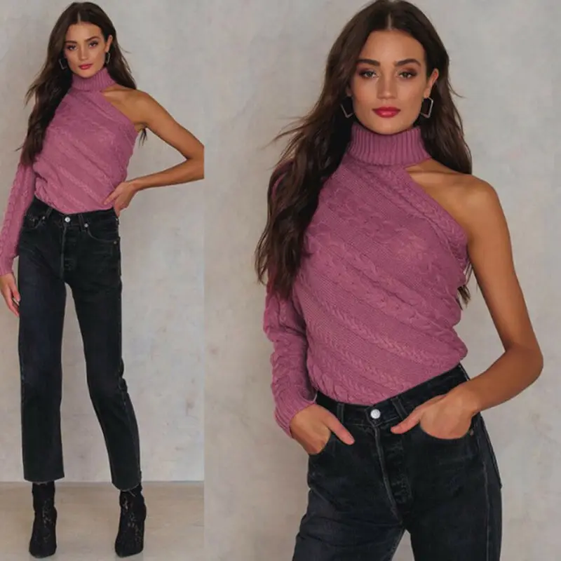 Sexy Women One Shoulder Sweaters Winter Turtleneck Knitted Tops Twist Crochet Warm Pullover Autumn Sweater Knitwear Jumpers New | Женская