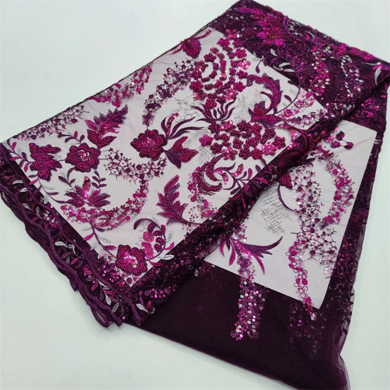 

Latest 5Yards Nigerian Lace Fabrics Fashion Women African Sequins Tull Lace Luxury Handmade Beaded Fabrics For Wedding Party