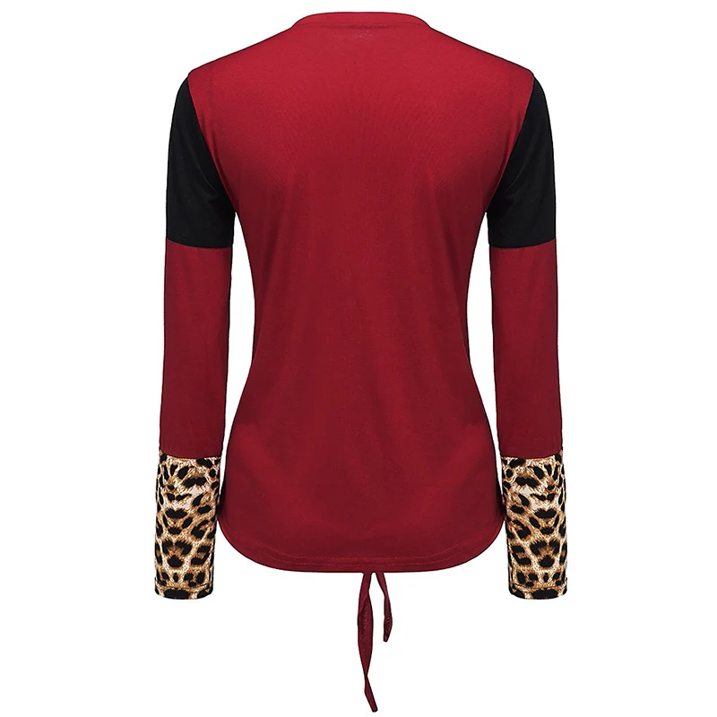 

Spring Autumn Casual O-neck Leopard T-shirt Women Bandage Knot Pocket Tops Femme Long Sleeve Splicing Tee Shirt Tops