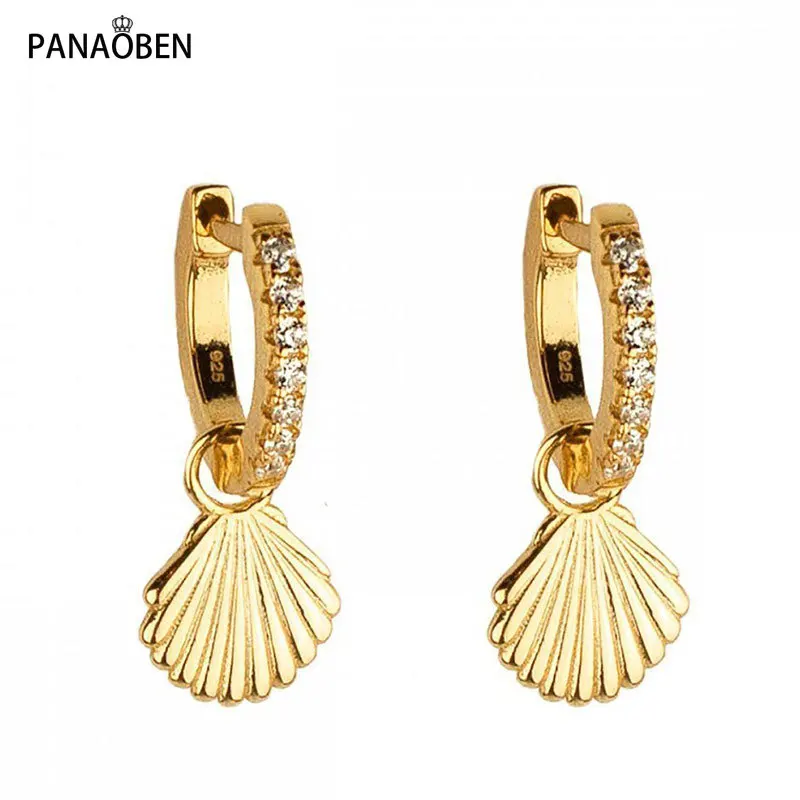 

PANAOBEN 925 Sterling Silver White Zircon Stones Round Hoop Earrings for Women Drop Shell Cartilage Earrings Pendientes Jewelry