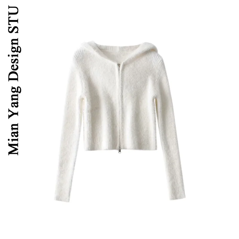 

Sweet Plush Double Zipper Knitted Shirt Ins Fashionable Hooded Mohair Long Sleeve Knitted Coat Thermal Shirt