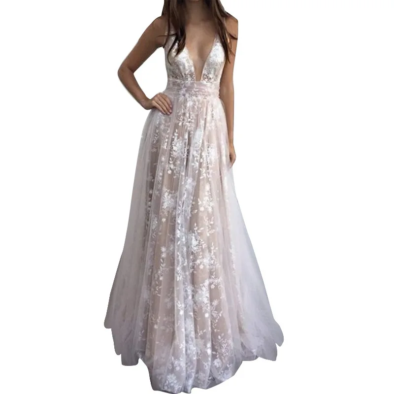 

Europe and America Style Women Sexy V-neck Lace Hollow Out Gauze Dress