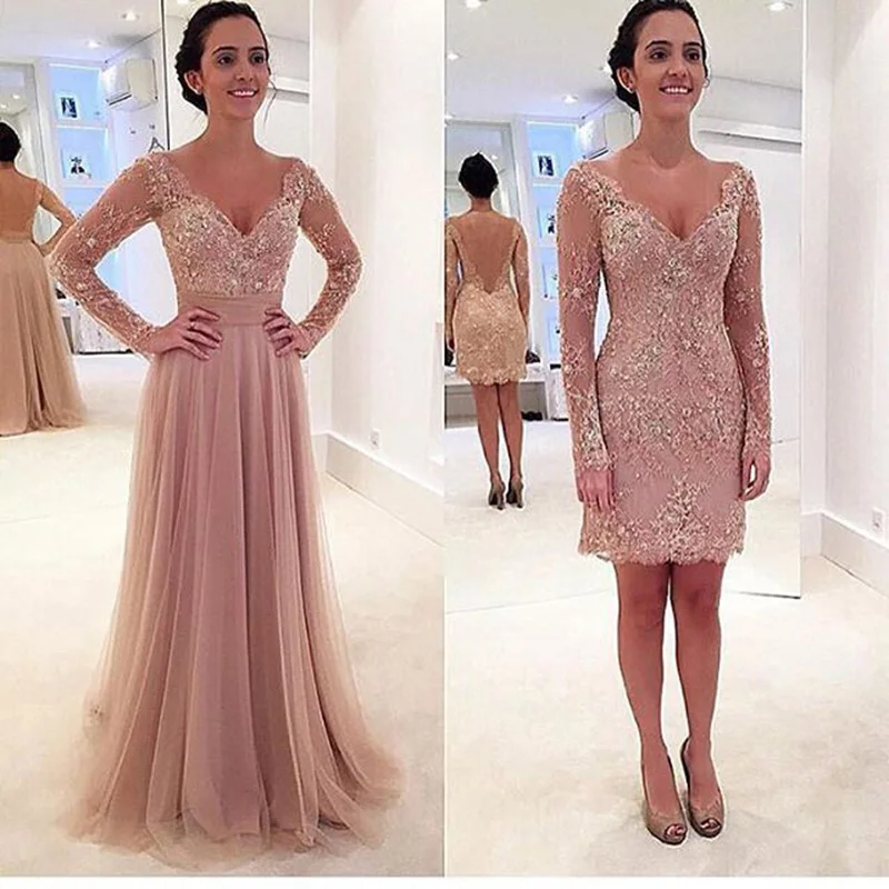 

Pink Long Sleeve Lace And Tulle Detachable Prom Dresses 2 Piece Fashion 2019 Formal Women Evening Party Dress Two Pieces Long