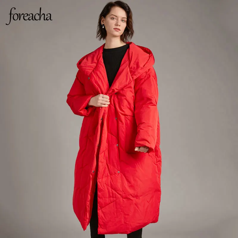 

foreacha mid-length down jacket female 2021 winter hooded single breasted coats white duck down plus size woman coat пальто