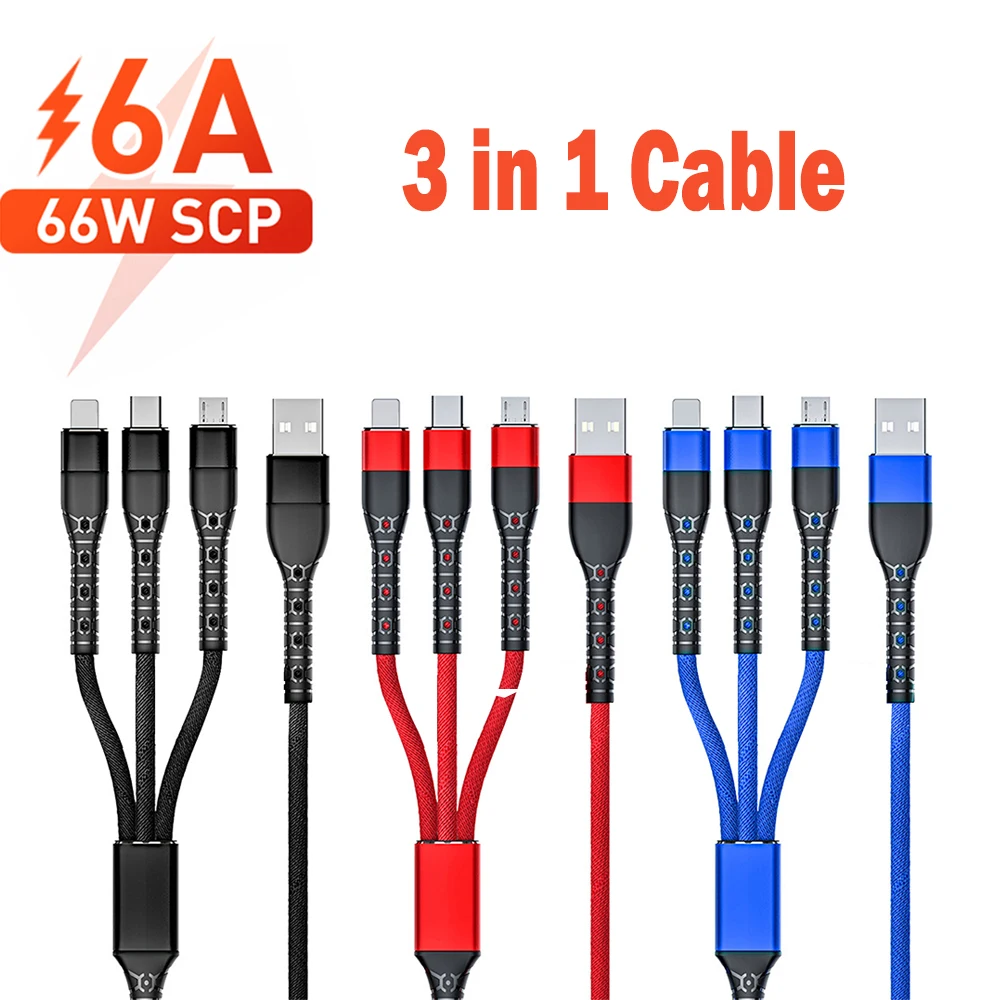3 in 1 6A USB Cable Fast Charger Wire Type C/Micro USB/iOS Data For Apple Android Xiaomi Huawei Mobile Phone Chargers | Мобильные