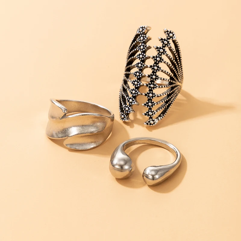 

HuangTang 3pcs/sets Punk Hollow Geometric Open Joint Rings for Women Vintage Silver Color Metal Finger Ring Jewelry Accessories