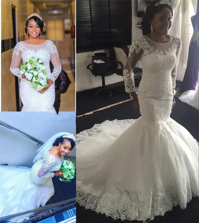 

Скромные свадебные платья с юбкой-годе с длинным рукавом, модель 2020 размера плюс, Африканское нигерийское кружевное свадебное платье