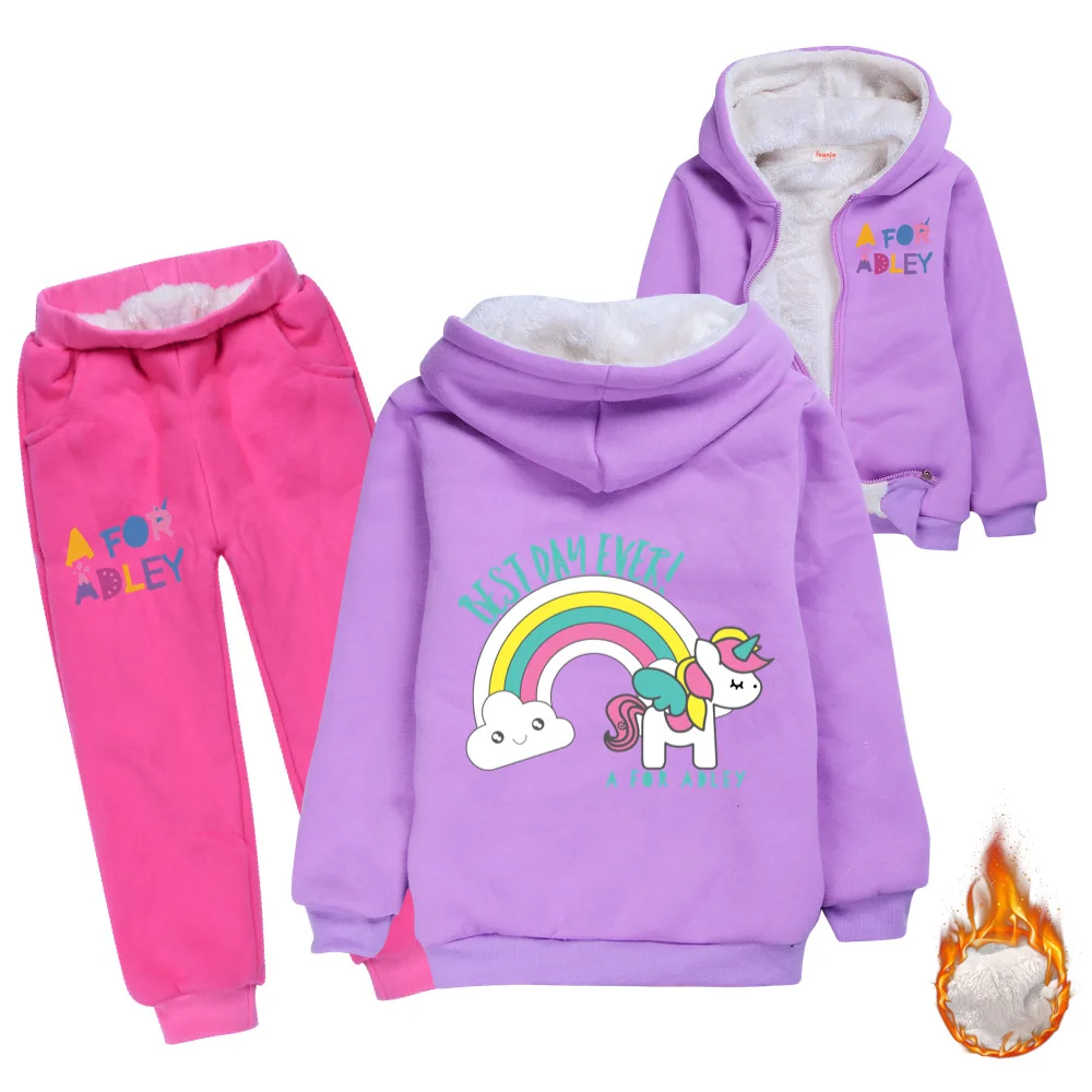 Teen Girls Clothing Winter Kids Sets Solid Color Plus fleece Warm Jacket+pants Casual Children's Sweatershirt Sport Boy Clothing