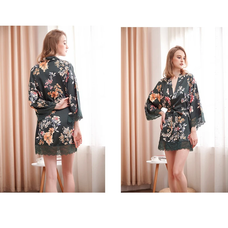 Robe Women's Satin Sleepwear Bathrobe Sexy Lady Nightwear Negligee Silk Belt Bathrobe Kimono Bridesmaid Lace Intimate Lingerie