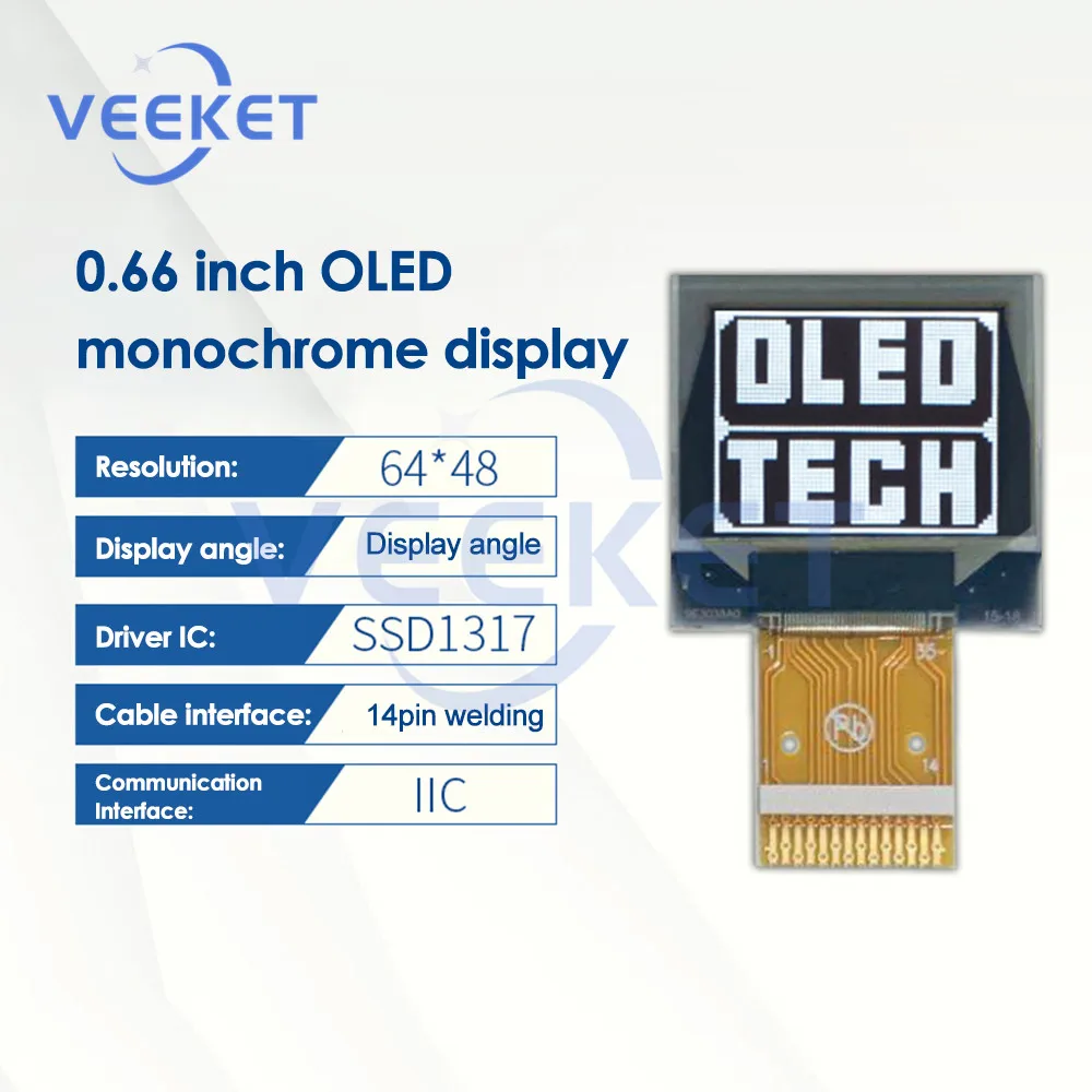

Модуль OLED-дисплея 0,66 дюйма, 14Pin сварочный интерфейс IIC 64x4 8 разрешение, ЖК-экран SSD1317 драйвер OEL 1M2033 для Arduino