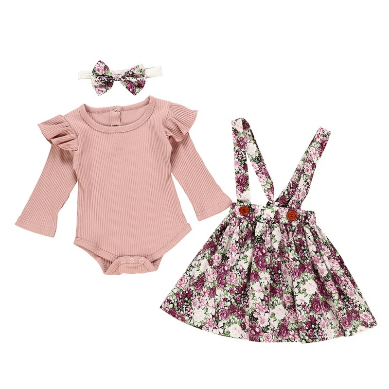 2020 3Pcs Baby Girl Clothes Set Long Sleeve Romper Tops Floral Strap Skirt Headband Sets 0-24M | Детская одежда и обувь