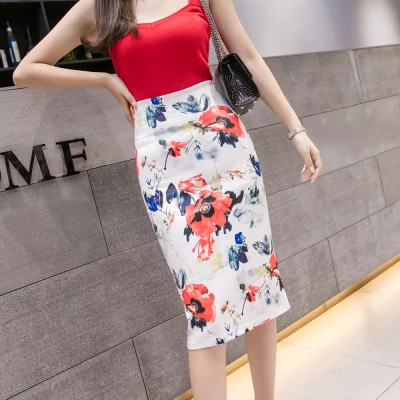 

2021 Spring New Printing Sheath Mid Hip Skirt Female Women's Floral High Waist Elastic Slim Fit Versatile One-Step Skirt Female
