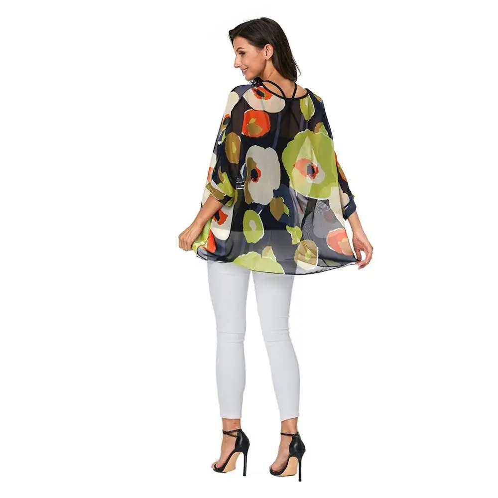 Женский топ с леопардовым цветочным принтом рукав летучая мышь шифоновая