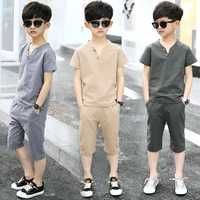 kids clothes sets short sleeve t shirtpant 2 pc suit children suits fashionable pure cotton linen summer 4 12 ages