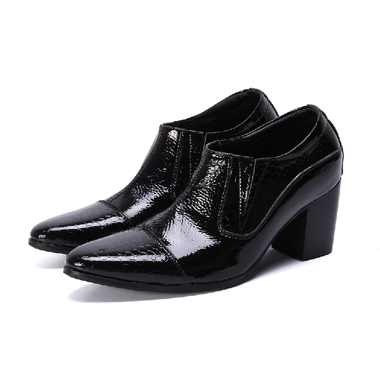 Zapatos De Hombre/черные лакированные туфли на высоком каблуке из змеиной кожи Мужские