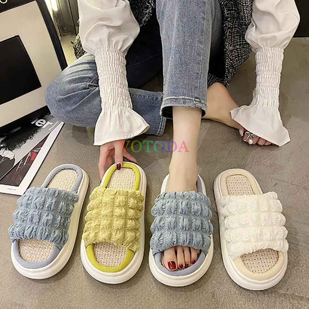 

Шлепанцы женские льняные, мягкие Нескользящие, на платформе, домашние тапочки, удобная повседневная обувь на плоской подошве, сланцы для де...