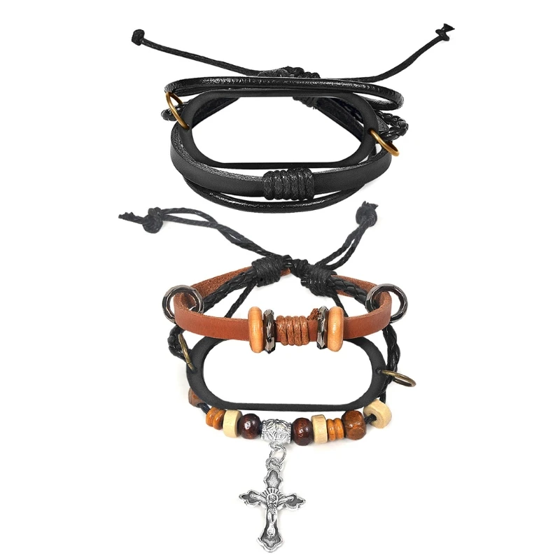 

for xiaomi Mi Band 5 6 Replacement Leather Bracelet Braided Strap Wrist Belt, Fashion Retro Strap Beading Bracelet W3JB