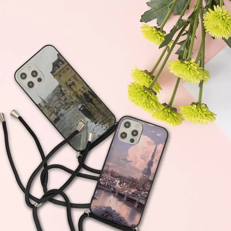 

City Mount Fuji Oil Painting Phone Case For iPhone 7 8 11 12 X XS XR MINI Pro Max Plus Strap Cord Chain Lanyard soft