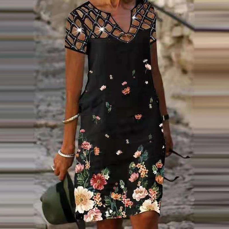 

Summer Women Fashion New Sexy Hollow Out Retro Printed Short Dress Casual Half Sleeves Loose O Neck Elegant Slim Party Vestidos