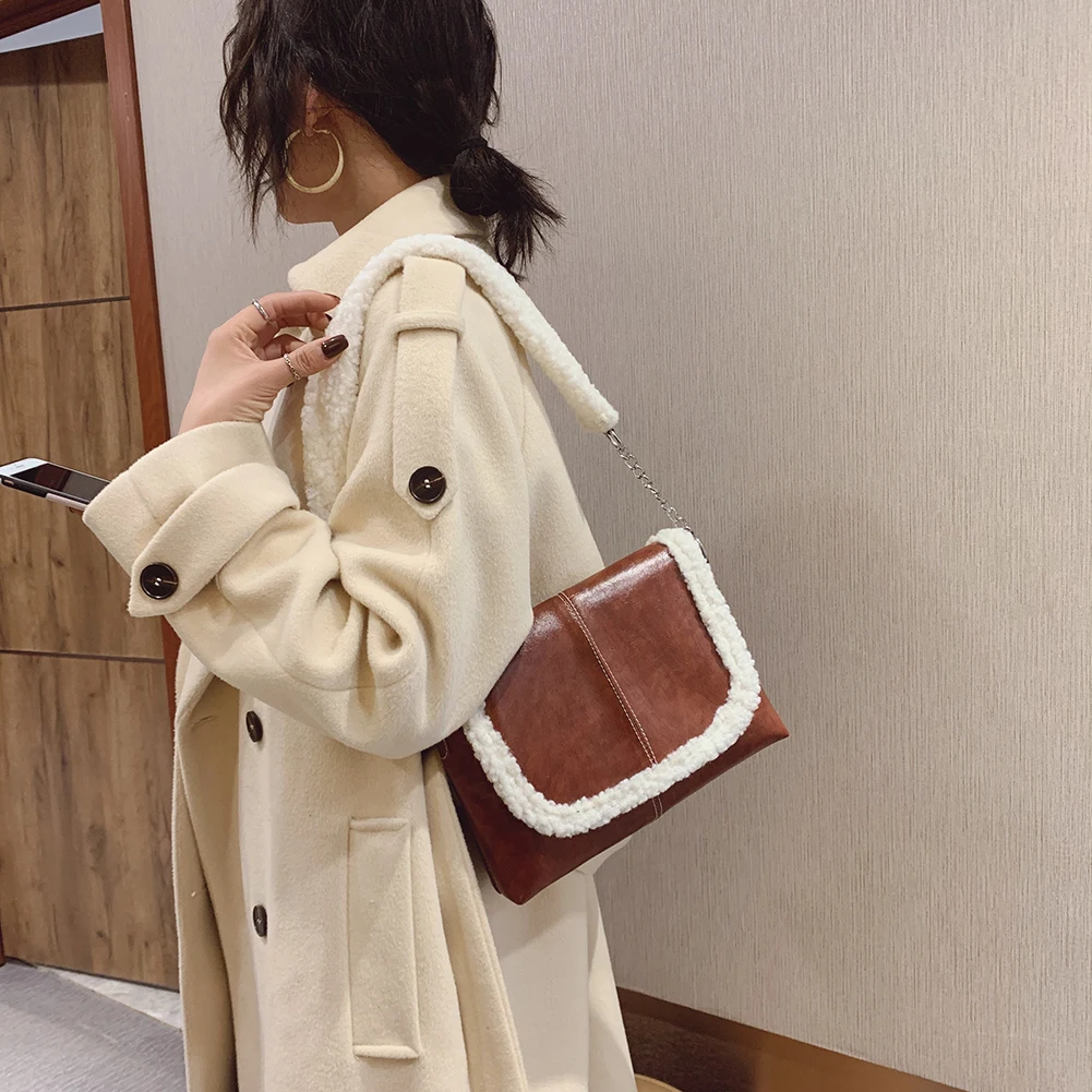

Fashion Splicing PU Plush Shoulder Handbag Autumn Women Large Capacity Top-handle Bag Street Vintage Tote Satchel