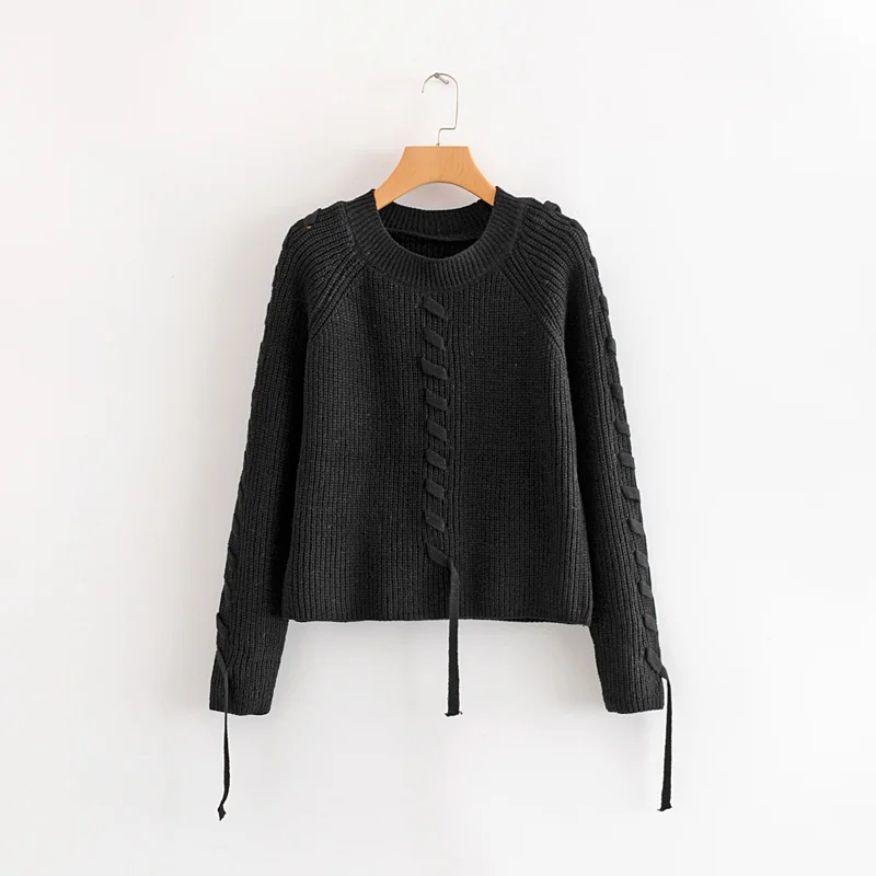 Женский вязаный пуловер с круглым вырезом повседневный однотонный длинными